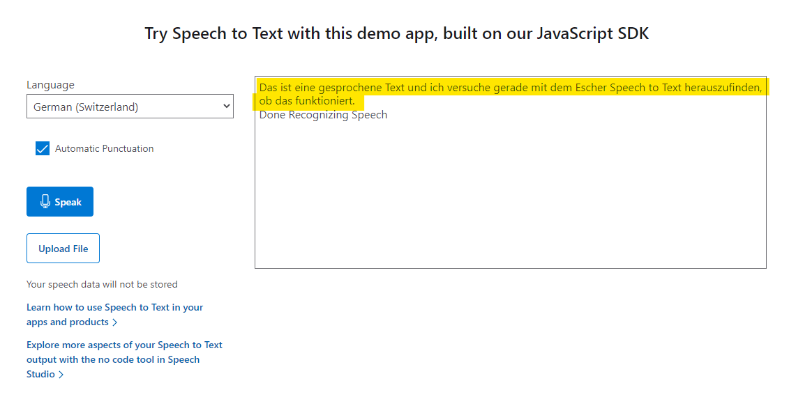 Azure Speach to Text Schweizerdeutsch